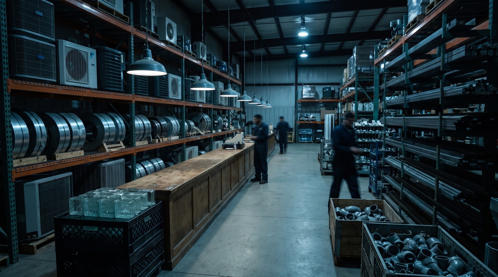 Illustrative image, not the actual property. Steel racking stocked with HVAC equipment, metal stock and fittings inside an industrial supply warehouse
