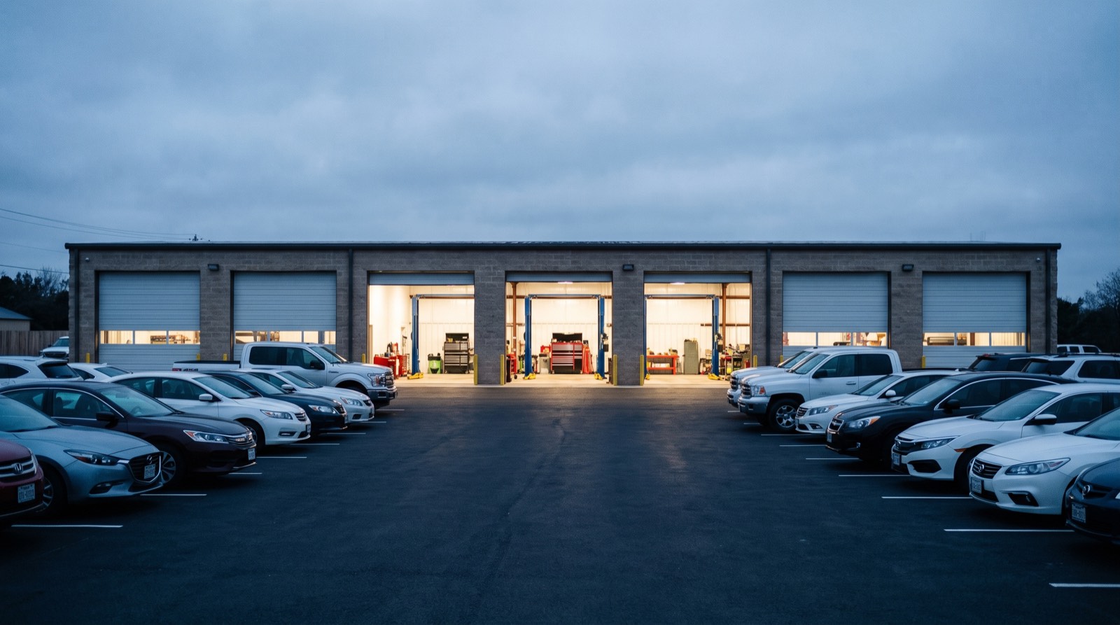 Illustrative image, not the actual property. A well kept independent seven bay automotive repair shop at blue hour under an overcast sky, three service bays open and lit from inside, a full lot of clean customer cars parked in front