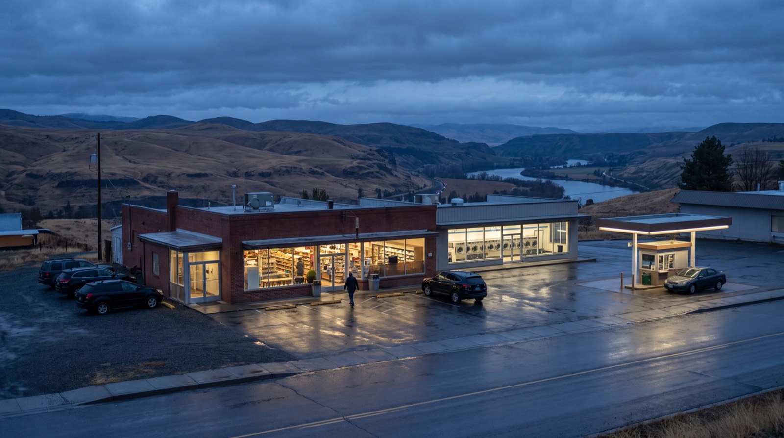 Illustrative image, not the actual property. A well kept small town commercial strip in the Inland Northwest at blue hour, a neighbourhood deli with warm lit windows beside a clean laundromat with lit machines, a small drive through kiosk nearby, clean cars in the lot and dry rolling hills in the distance