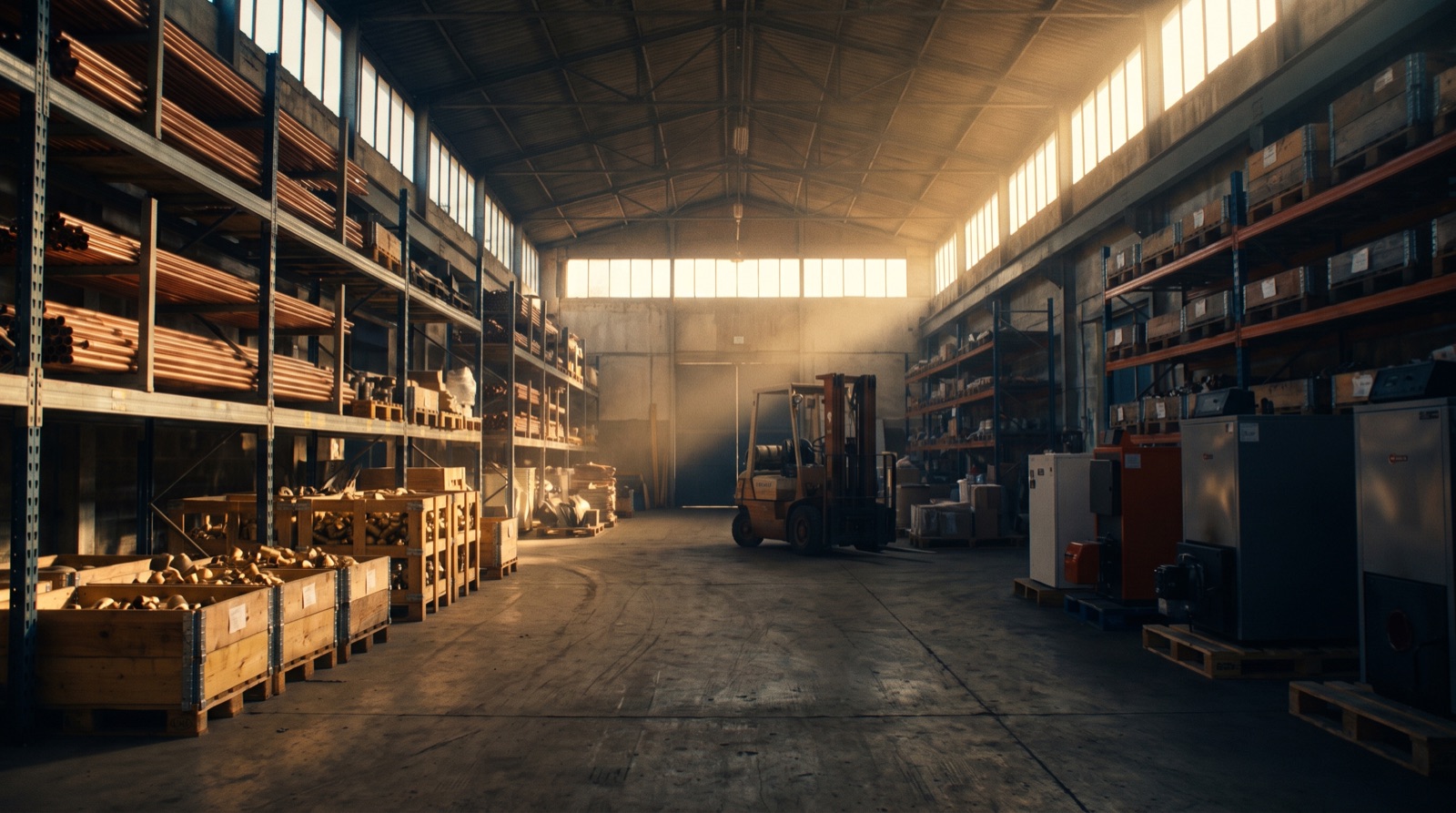 Illustrative image, not the actual property. Copper pipe, fittings and boilers on industrial racking inside a plumbing and heating wholesale warehouse at golden hour